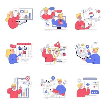 Set of Seo and Analytics Flat Illustrations Stock Illustration