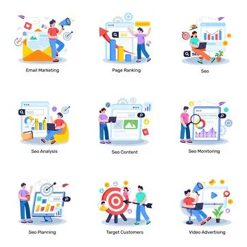 Set of Seo and Publicity Flat Illustrations Stock Illustration