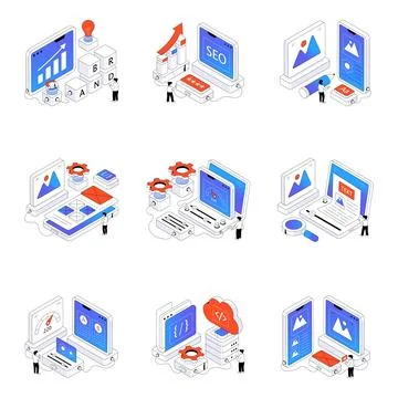 Set of Seo and Web Isometric Illustrations Stock Illustration