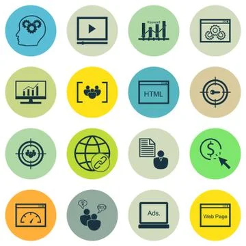 Set Of SEO Icons On Coding, Focus Group And Video Player Topics. Editable Vec 스톡 일러스트