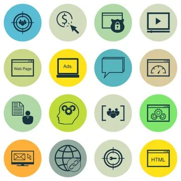 Set Of SEO Icons On Loading Speed, Website And Focus Group Topics. Editable V Stock Illustration