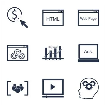 Set Of SEO Icons On Questionnaire, Website Performance And Video Player Topic Stock Illustration