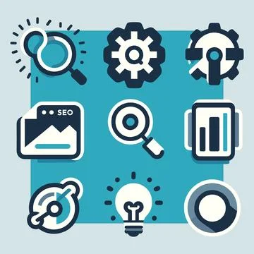 Set of SEO icons in simple, flat style in blue colors. Illustrazione stock