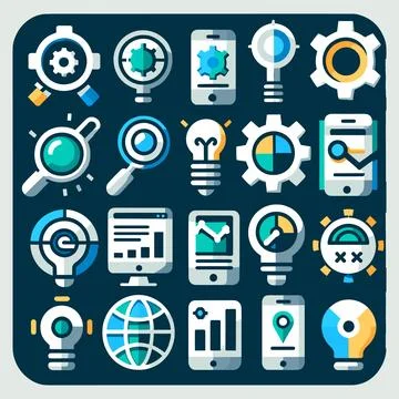 Set of SEO icons in simple, flat style in dark blue colors Illustrazione stock