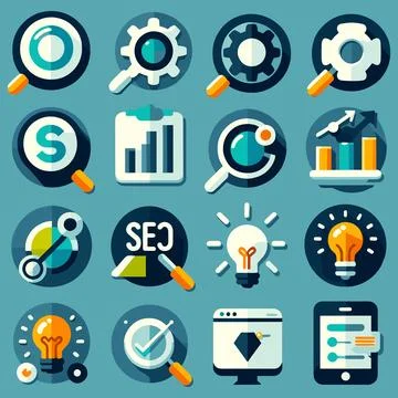 Set of SEO icons in simple, flat style in blue tones. Illustrazione stock