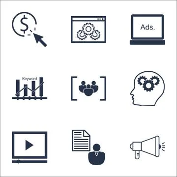 Set Of SEO Icons On Website Performance, Video Player And Keyword Optimisatio Stock Illustration