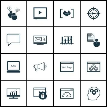 Set Of SEO Icons On Website Performance, Media Campaign And Newsletter Topics Stock Illustration