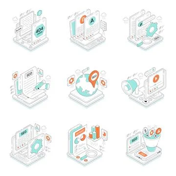 Set of Seo Isometric Illustrations Stock Illustration