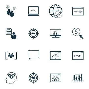Set Of SEO, Marketing And Advertising Icons On Comprehensive Analytics, Web P Stock Illustration