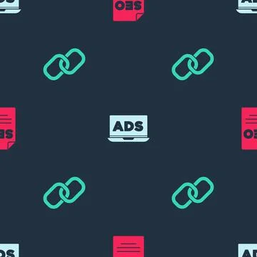 Set SEO optimization, Advertising and Chain link on seamless pattern. Vector Illustrazione stock
