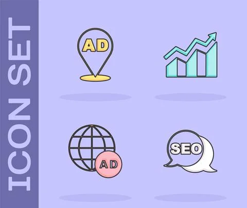 Set SEO optimization, Advertising, and Financial growth increase icon. Vector Illustrazione stock