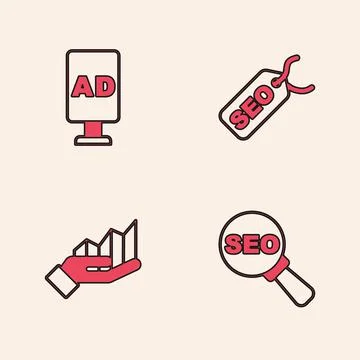 Set SEO optimization, Advertising, and Pie chart infographic icon. Vector Illustrazione stock