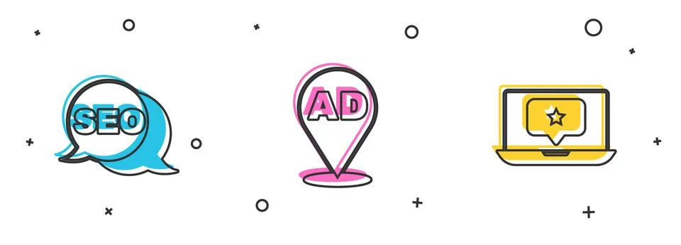 Set SEO optimization, Advertising and Laptop with star icon. Vector Stock Illustration