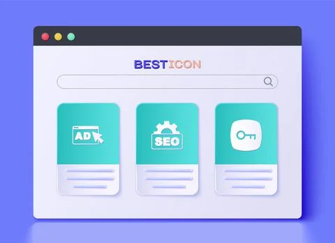 Set SEO optimization, Advertising and Key icon. Vector Illustrazione stock