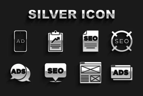 Set SEO optimization, Advertising, Browser window, and Clipboard with graph Stockillustratie
