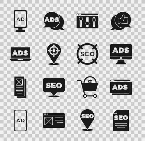 Set SEO optimization, Advertising, Browser setting, Target sport, and icon Illustrazione stock