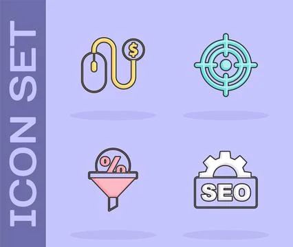 Set SEO optimization, Advertising, Lead management and Target icon. Vector Stock Illustration