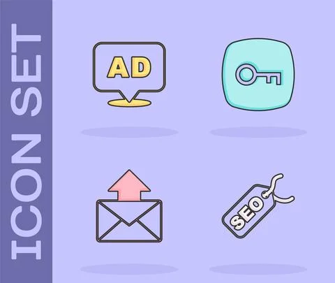 Set SEO optimization, Advertising, Mail and e-mail and Key icon. Vector Stockillustratie