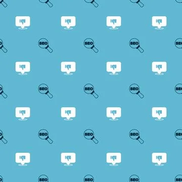 Set SEO optimization and Dislike in speech bubble on seamless pattern. Vector Illustrazione stock