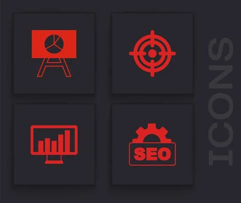 Set SEO optimization, Board with graph chart, Target and Monitor icon. Vector 스톡 일러스트
