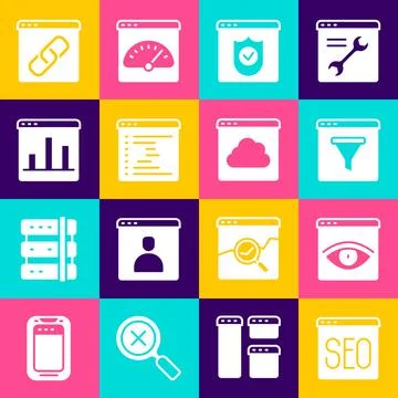 Set SEO optimization, Browser incognito window, with shield, Graph chart Stockillustratie