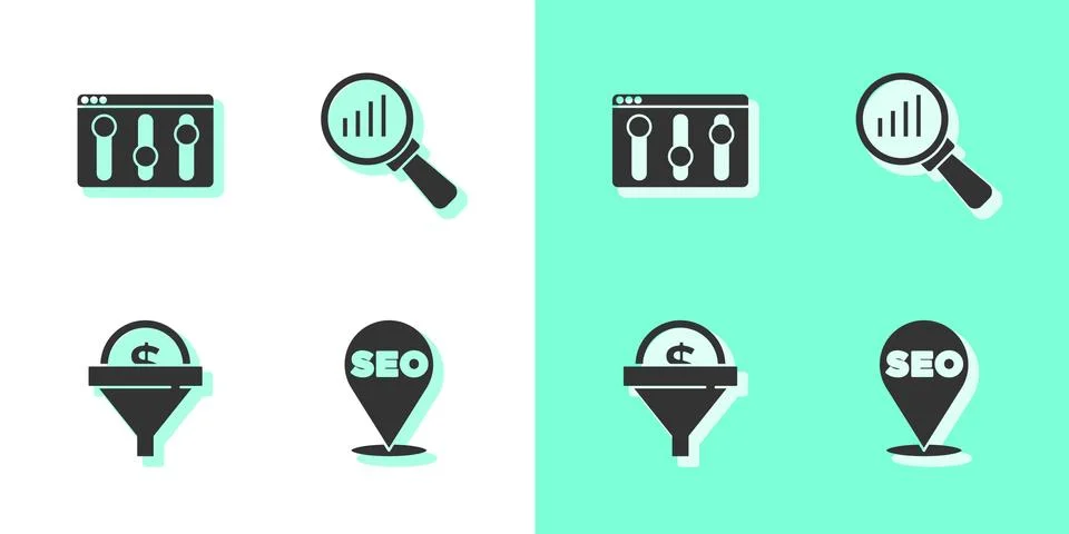 Set SEO optimization, Browser setting, Lead management and Magnifying glass and 스톡 일러스트