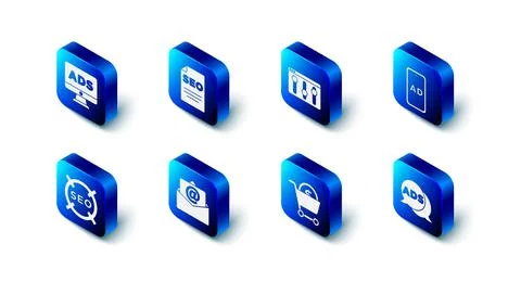 Set SEO optimization, Browser setting, Advertising, Shopping cart and dollar Ilustração Stock
