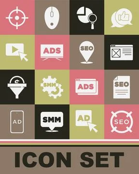 Set SEO optimization, Browser window, Magnifying glass and analysis, Advertising 스톡 일러스트