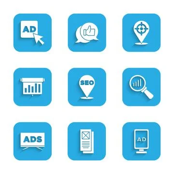 Set SEO optimization, Browser window, Advertising, Magnifying glass and ana.. Stock Illustration