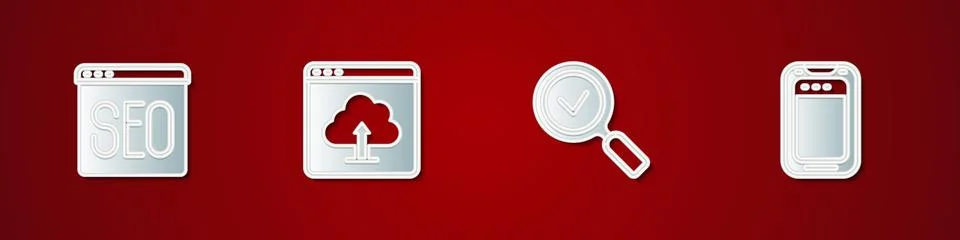 Set SEO optimization, Cloud upload, Magnifying glass with check mark and Mobile Stockillustratie