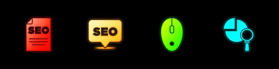 Set SEO optimization, , Computer mouse and Magnifying glass and analysis icon Illustrazione stock