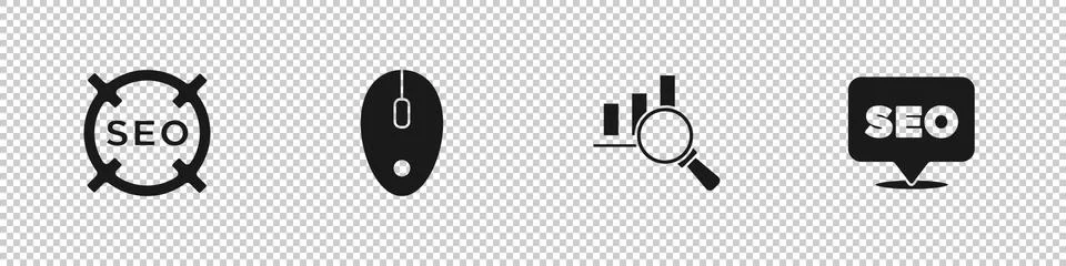 Set SEO optimization, Computer mouse, Magnifying glass and analysis and icon Illustrazione stock