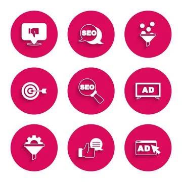 Set SEO optimization, Customer product rating, Advertising, Sales funnel with Stock Illustration