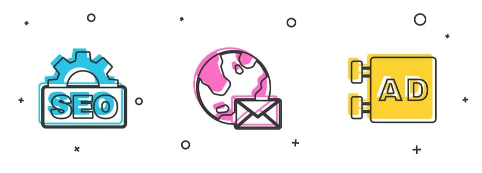 Set SEO optimization, Earth globe with mail and Advertising icon. Vector イラスト素材