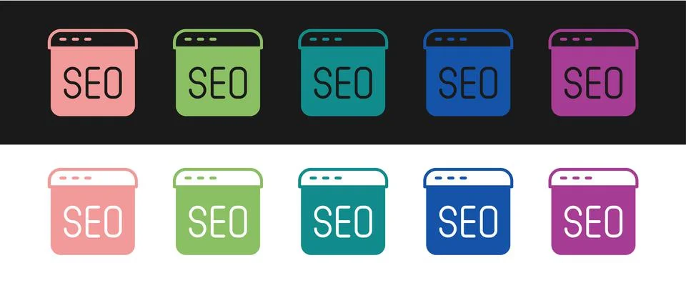 Set SEO optimization icon isolated on black and white background. Vector Illustrazione stock