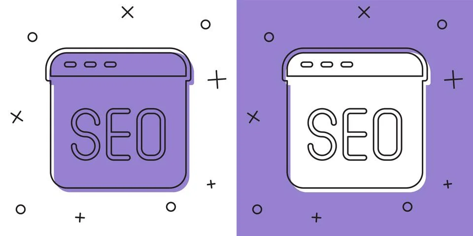 Set SEO optimization icon isolated on white and purple background. Vector Illustrazione stock