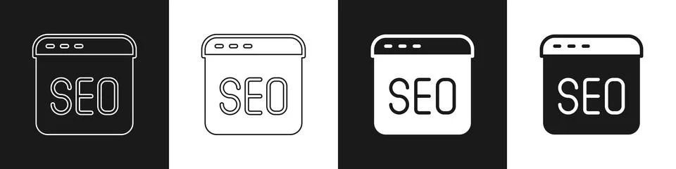 Set SEO optimization icon isolated on black and white background. Vector Illustrazione stock