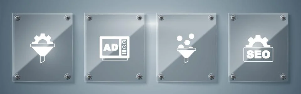 Set SEO optimization, Lead management, Advertising and Sales funnel with gear Stock Illustration