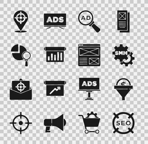 Set SEO optimization, Lead management, Social media marketing, Advertising Stock Illustration