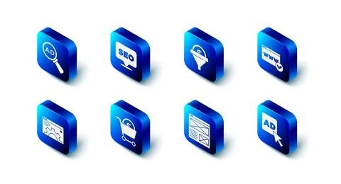 Set SEO optimization, Lead management, Website template, Advertising, Browser Stock Illustration