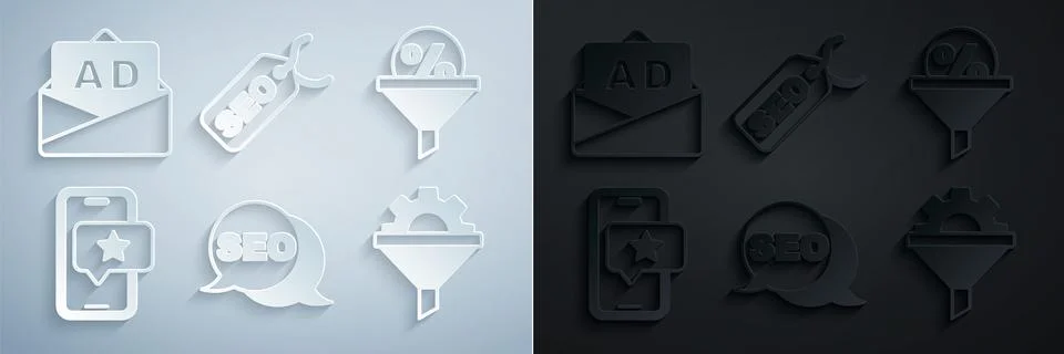 Set SEO optimization, Lead management, Mobile with review rating, Sales funnel Illustrazione stock