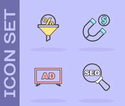 Set SEO optimization, Lead management, Advertising and Magnet with money icon Stock Illustration