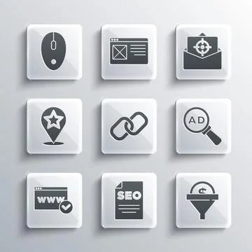 Set SEO optimization, Lead management, Advertising, Chain link, Website template Stock Illustration