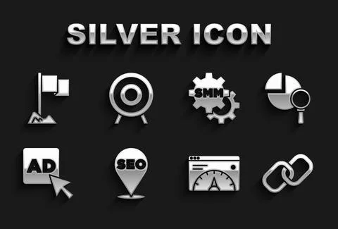 Set SEO optimization, Magnifying glass and analysis, Chain link, Website Stock Illustration