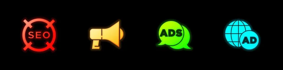 Set SEO optimization, Megaphone, Advertising and icon. Vector Stock Illustration