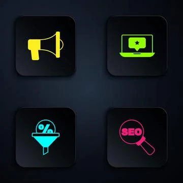 Set SEO optimization, Megaphone, Lead management and Laptop with star. Black イラスト素材