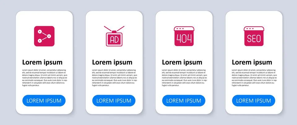 Set SEO optimization, Page with 404 error, Advertising and Share. Business in Stock Illustration