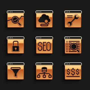 Set SEO optimization, Server, Data, Online shopping screen, Search engine Stock Illustration