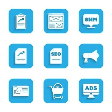 Set SEO optimization, Shopping cart and dollar, Advertising, Megaphone, Bro.. Illustrazione stock