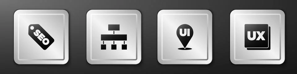 Set SEO optimization, Site map, UI or UX design and icon. Silver square button Stock Illustration